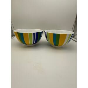 Set of 2 Crate & Barrel 6" Wide Colorful Striped Ceramic Pottery Bowls Serveware